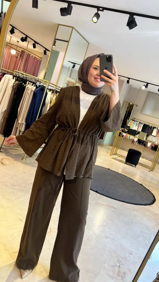 Keten Taşlı Bayan Kimono Takım Kahve