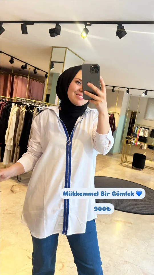 Pamuklu Bayan Gömlek Mavi Şerit Fermuarlı
