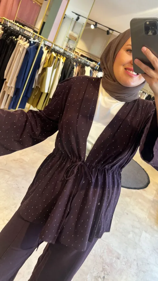 Keten Taşlı Bayan Kimono Takım Bordo