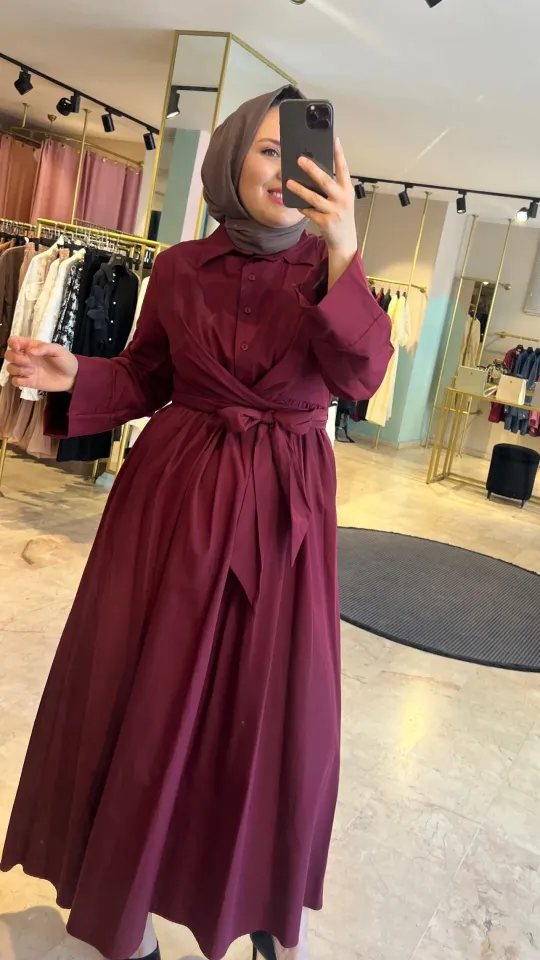 Belden Kuşaklı Poplin Bayan Gömlek Elbise