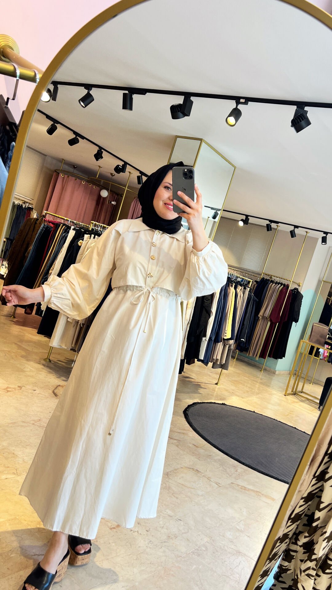 Gold Düğmeli Pat Detaylı Poplin Elbise