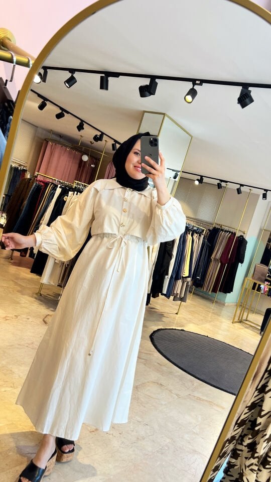 Gold Düğmeli Pat Detaylı Poplin Elbise