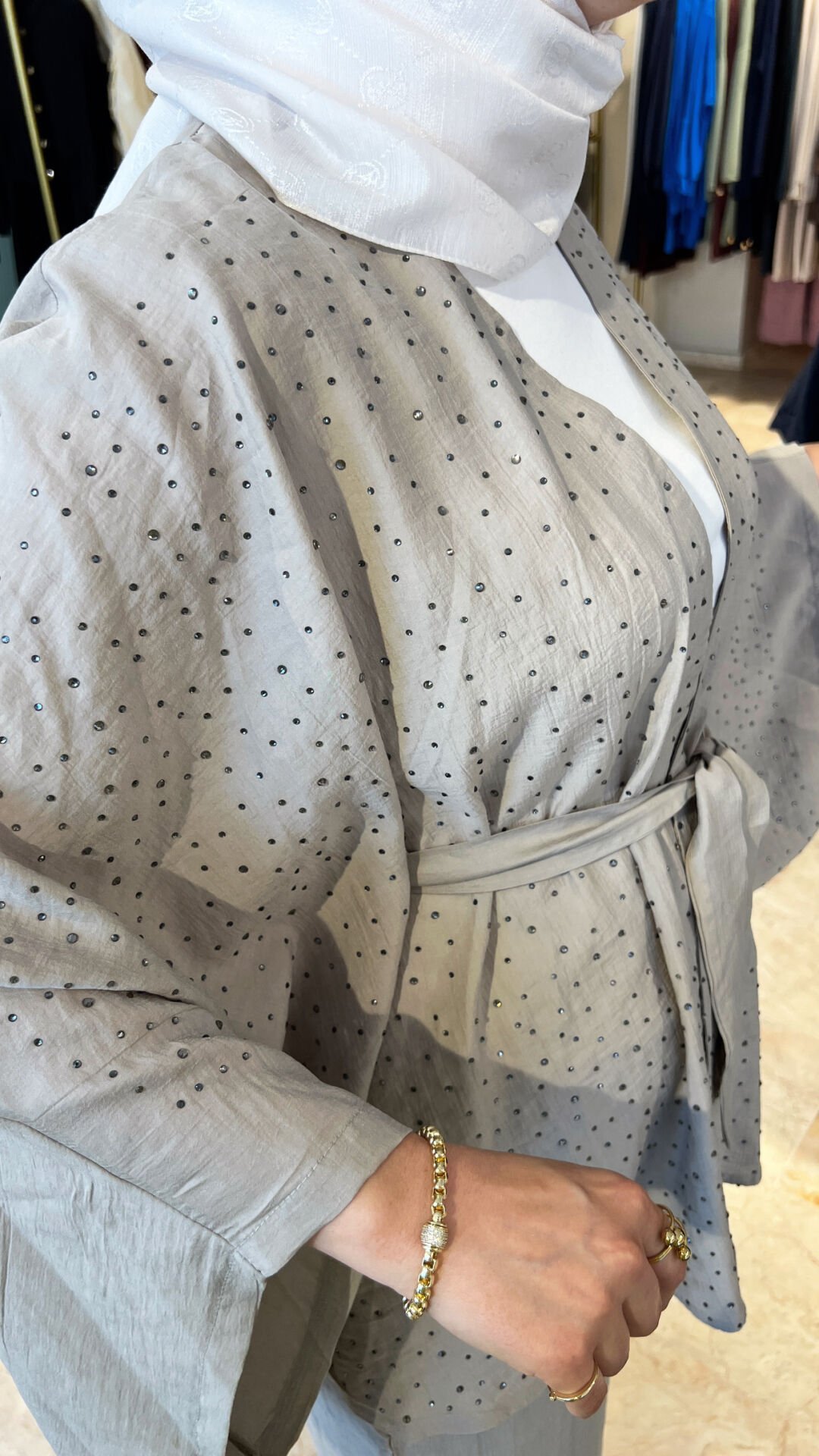 Bayan Taşlı Kimono Takımı Vizon