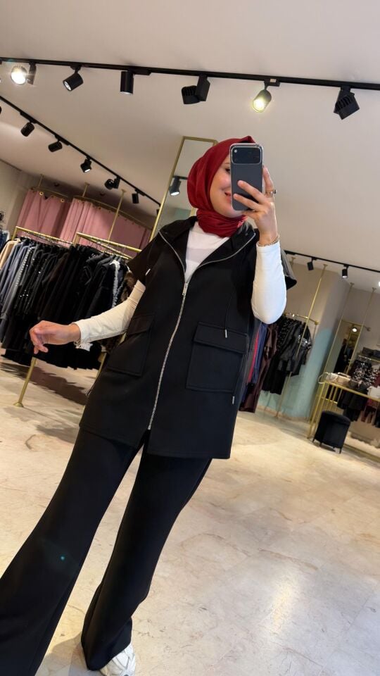 Modal Penye Yelekli Siyah Takım