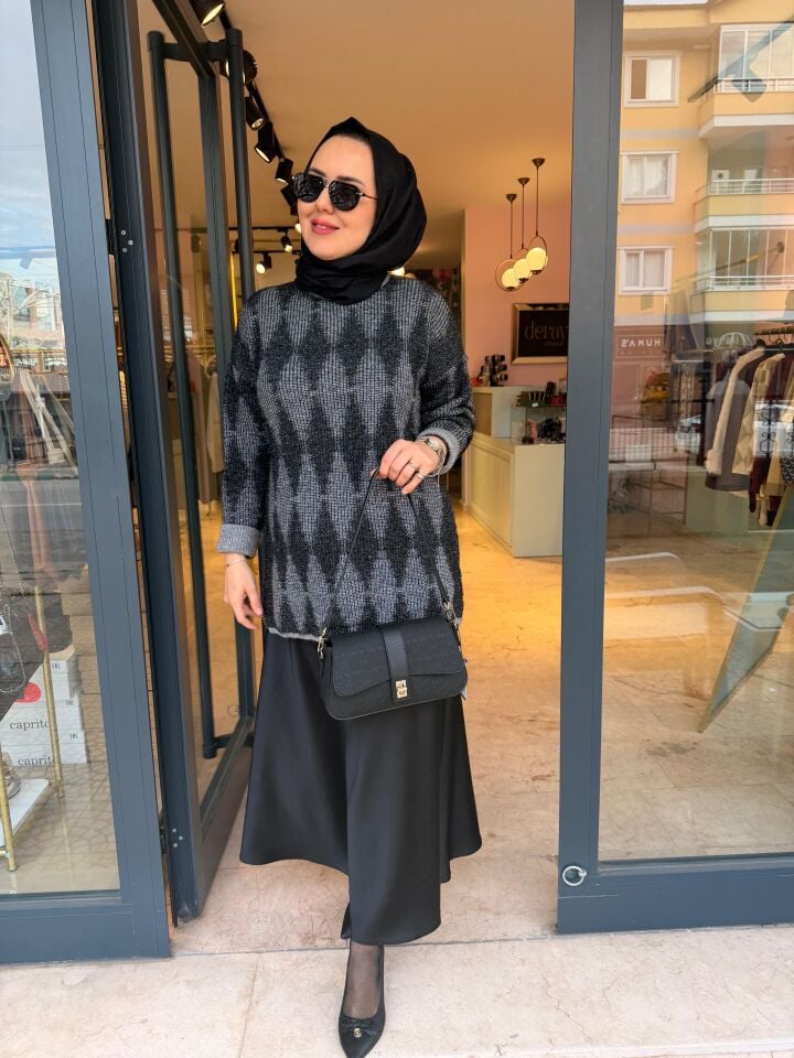 Baklavalı Simli Gri Kazak