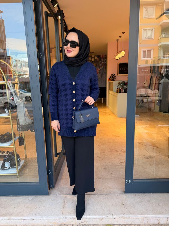 Kazayağı Desen Lacivert Angora Hırka