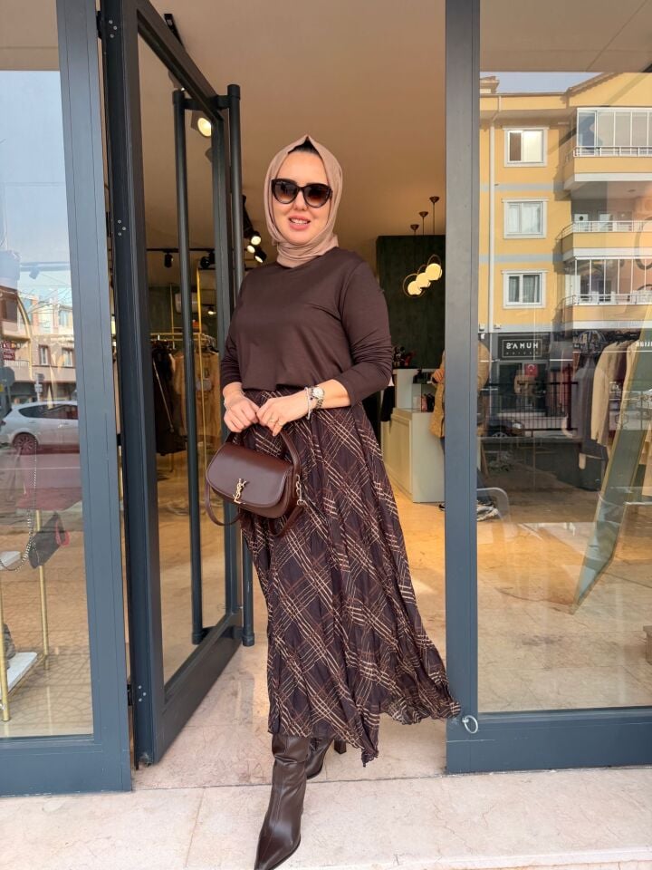 Ekoseli Şifon Kahverengi etek