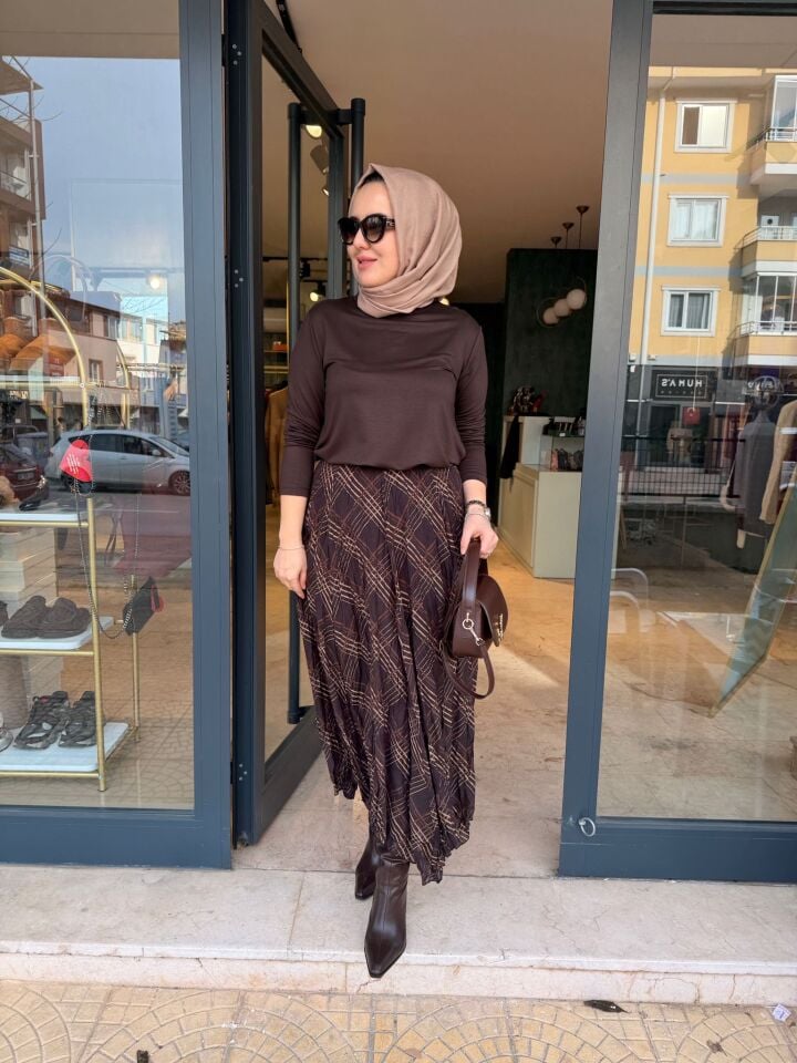 Ekoseli Şifon Kahverengi etek