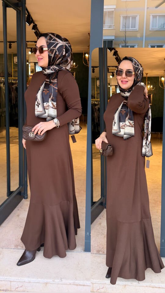 Etek Ucu Volanlı Elbise Kahve